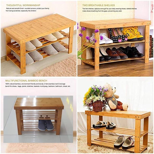 Multifunctional Bamboo Bench Shoe Rack 2 Shelves